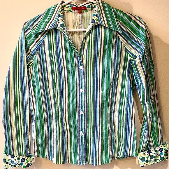 Jane Blue Striped Blouse with Floral Accents - Picture 2 of 7